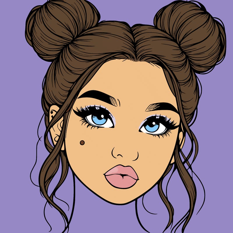 realistic girl with two buns on her hair and lips