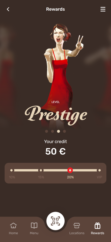 Mondieu - Mondieu mobile app rewards screen showing prestige membership level and credit balance