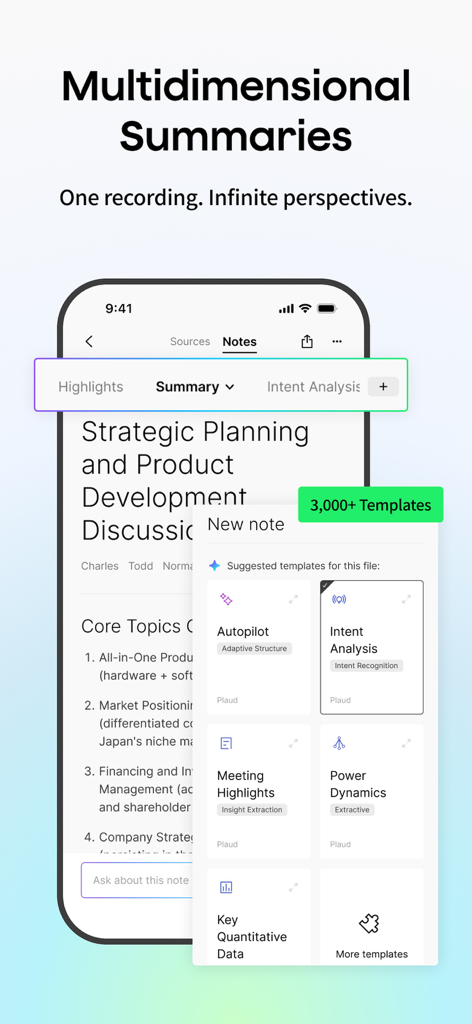 Plaud: AI Notetaker - Plaud AI Notetaker app showing multidimensional meeting summaries and professional templates