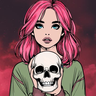 realistic girl holding a skull