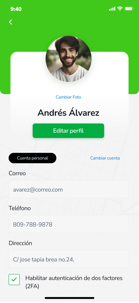 Paso Rápido - User profile interface of the Paso Rapido app displaying account information and security settings