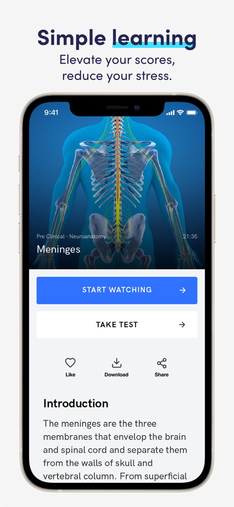 MediMagic app interface showing a 3D medical animation of the human spine and nervous system for neuroanatomy study.