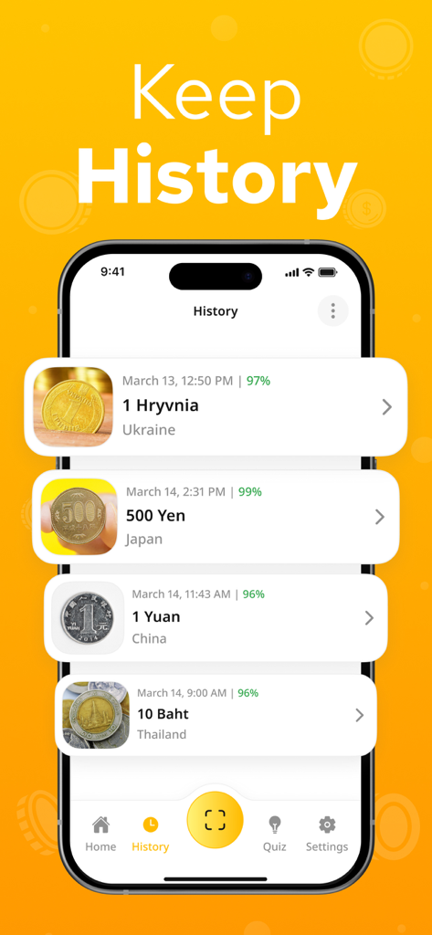 Coin Identifier - Coinum - Identifikationsverlauf in der Coinum App mit einer Liste gescannter internationaler Münzen und ihren Zuverlässigkeitsbewertungen.