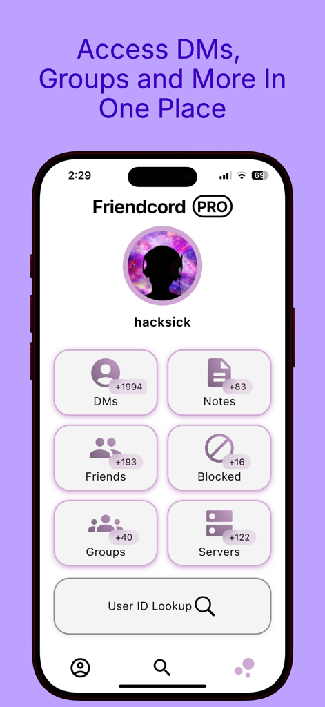Friendcord | Reopen Discord DM - Friendcord Proアプリのインターフェースで、DM、友達、ブロックされたユーザー、サーバーの統計情報が表示されたユーザーダッシュボードを表示しています。