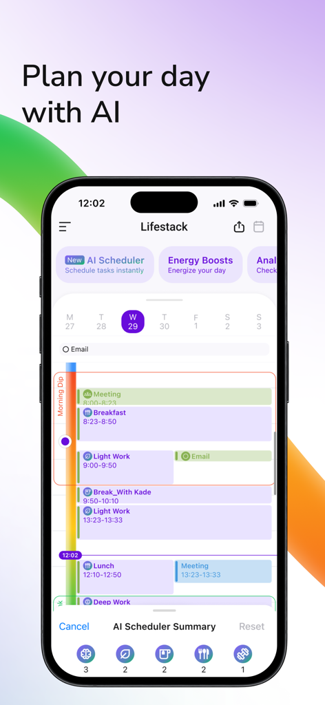 Lifestack: Circadian Planner - Lifestack mobile app interface showing AI day planning with energy level insights