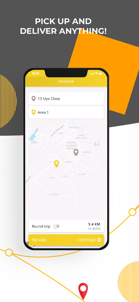 OyaNow mobile app interface showing a pickup and delivery route on a map of Abuja Nigeria