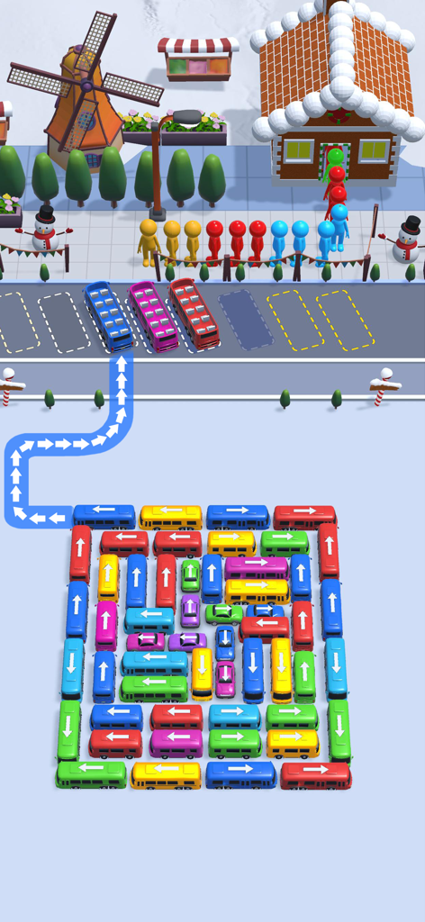 Bus Escape: Traffic Jam 3D - Top down view of colorful buses in a parking puzzle grid with passengers waiting in a snowy winter scene