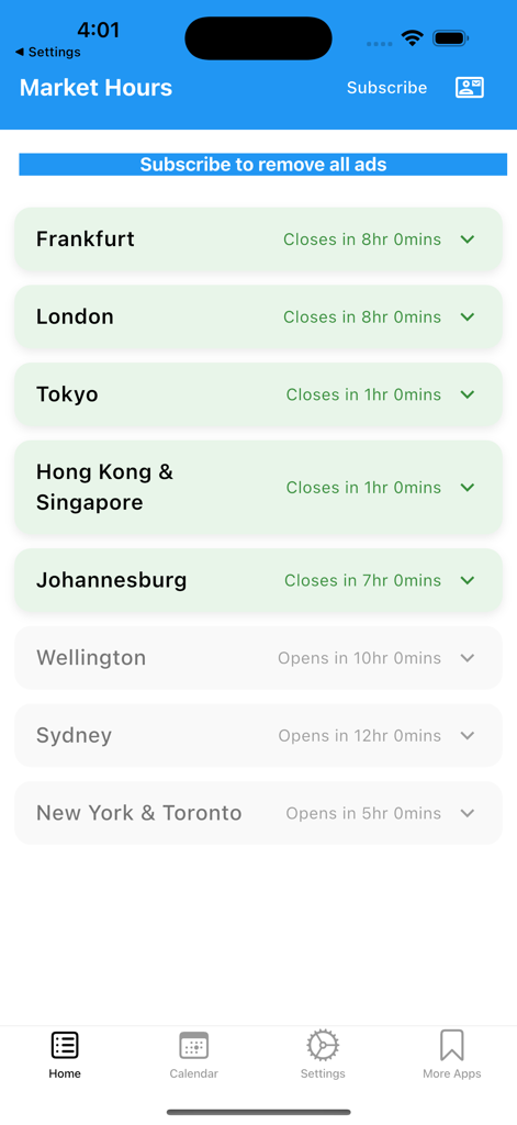 Interface do aplicativo Easy Forex Hours exibindo horários de abertura e fechamento em tempo real para sessões de negociação globais como Londres e Tóquio.