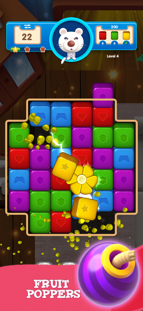 Fruit Poppers Fun Puzzle Game - Pantalla de juego de Fruit Poppers que muestra cubos de colores explotando y un lindo personaje de oso blanco