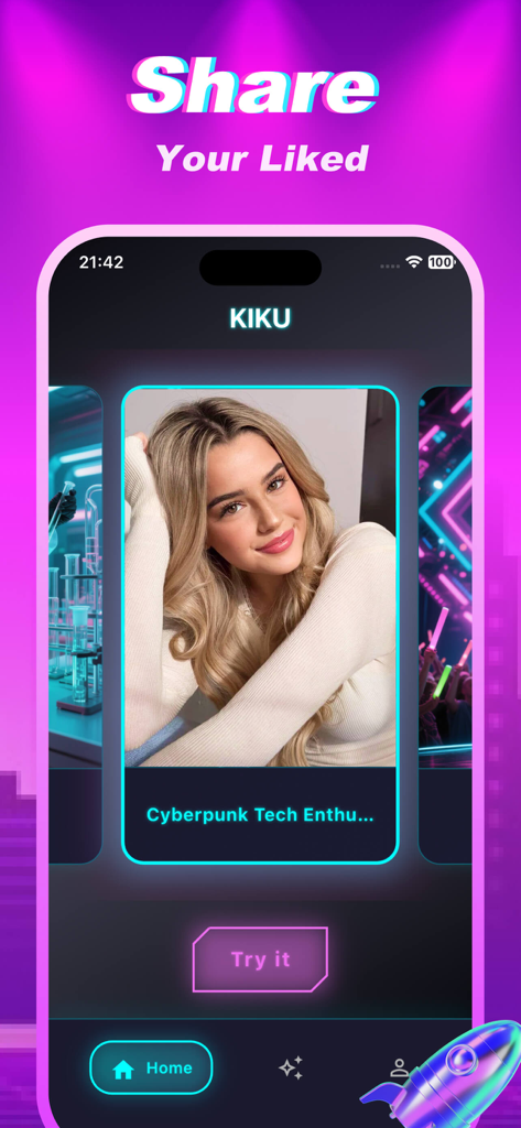 Pantalla de smartphone de la app Kiku mostrando un retrato de IA generado de una mujer con una estética cyberpunk de neón.
