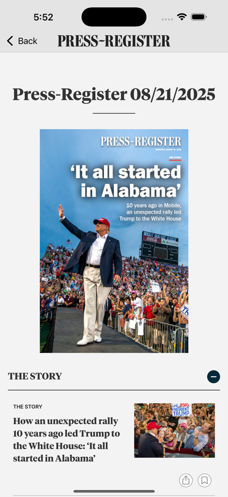 The Press-Register - The Press-Register app showing a news article headline and photo about a rally in Alabama