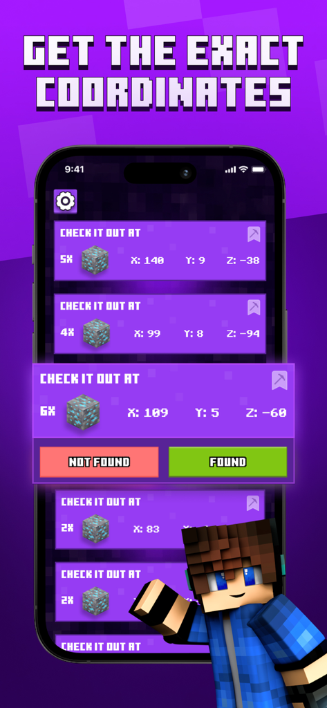 Mobile screen displaying exact X Y and Z coordinate locations for diamond ore in Minecraft