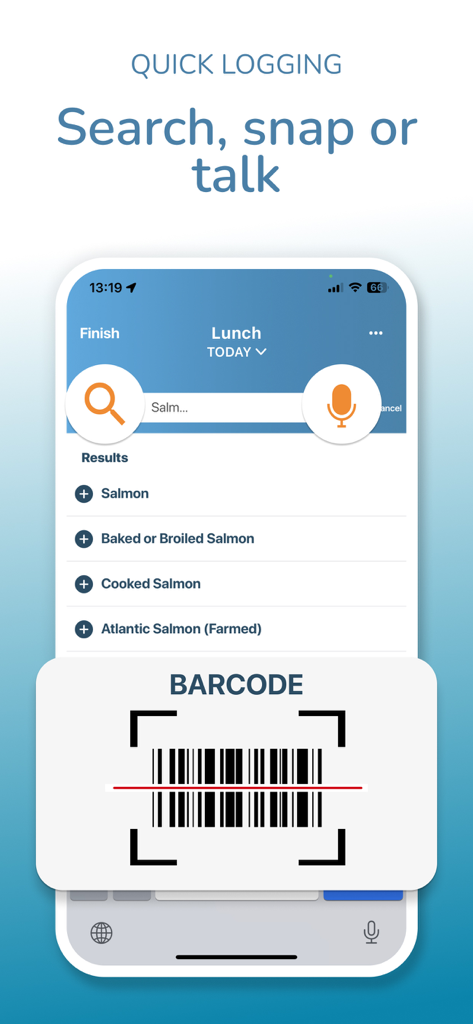 DietSensor Keto - DietSensor Keto app interface for quick food logging using search voice commands and barcode scanning