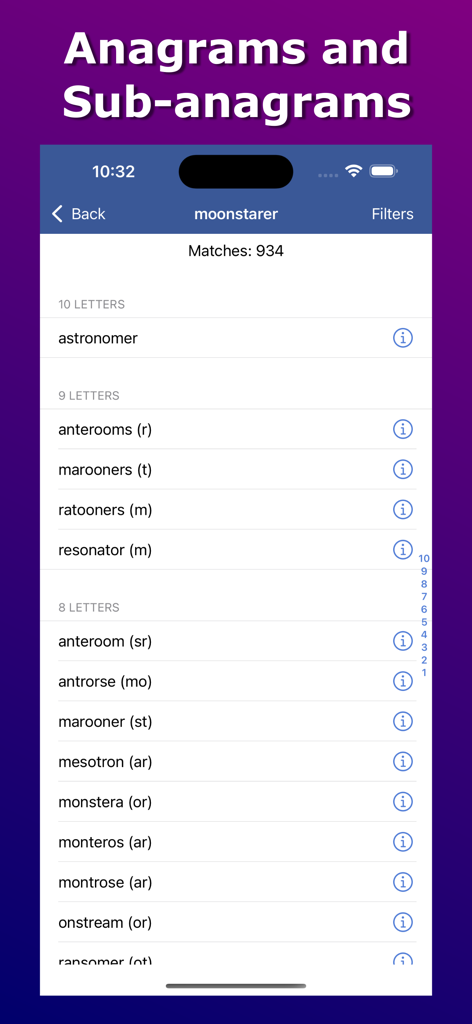 Anagram Solver - Crosswords - アナグラムソルバーアプリのインターフェース。検索クエリに対する単語とサブアナグラムのリストを表示しています。