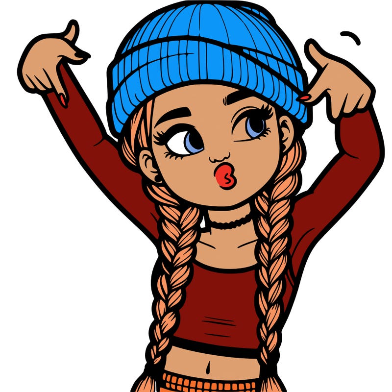 realistic teenage girl with braids and a beanie and crop top doing 🫶🏼