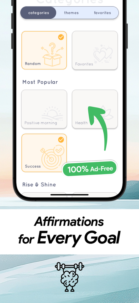 Positive Affirmations: Uplift - Smartphone screen of the Uplift app displaying affirmation categories like success and health with an ad-free badge.