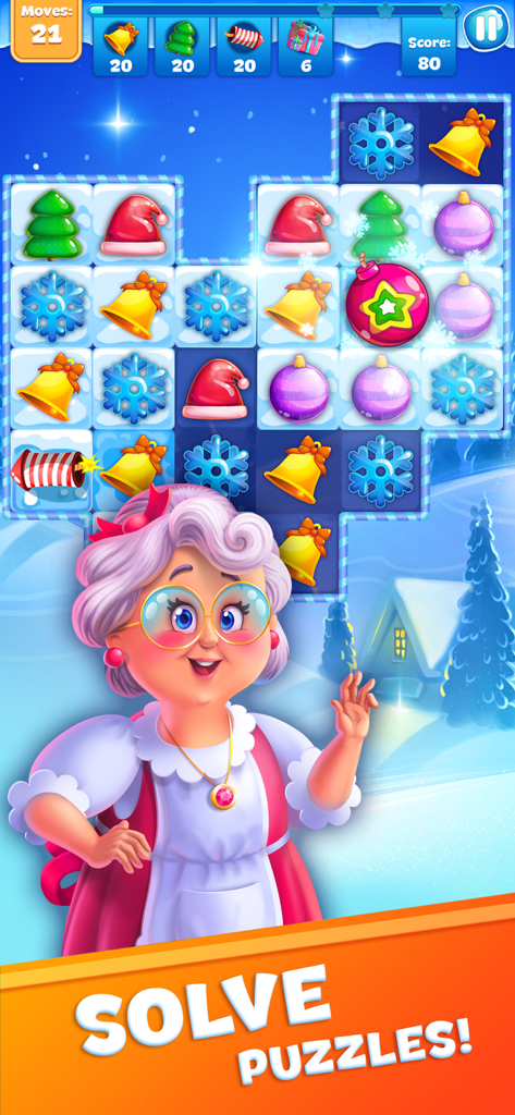 Christmas Sweeper 3 match 3 puzzle gameplay with festive icons and friendly character