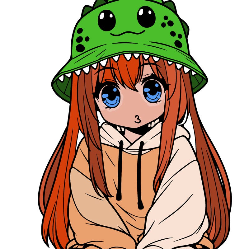 girl with anime shaped eyes with a dinosaur bucket hat oversized sweatshirt long straight hair