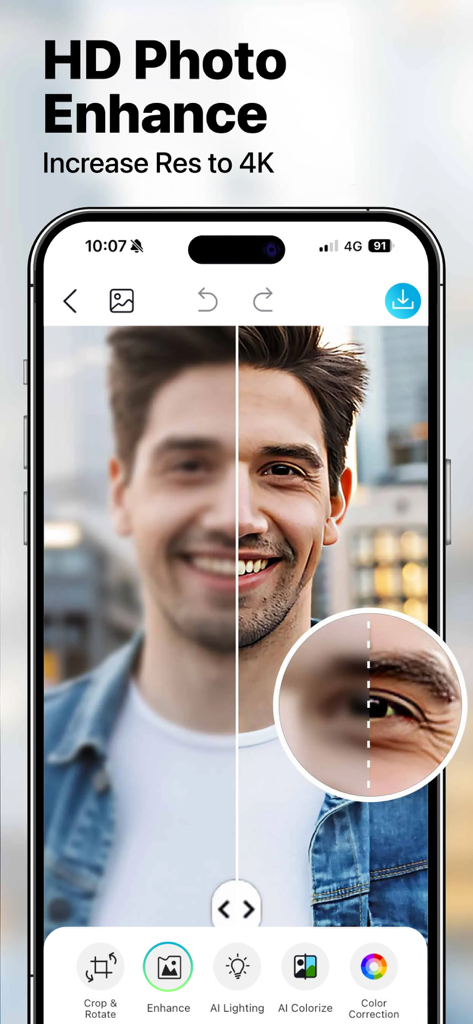YouCam Enhance: Photo Enhancer - Confronto a schermo diviso di un ritratto sfocato e un'immagine nitida migliorata in 4K utilizzando la tecnologia AI photo enhancer.