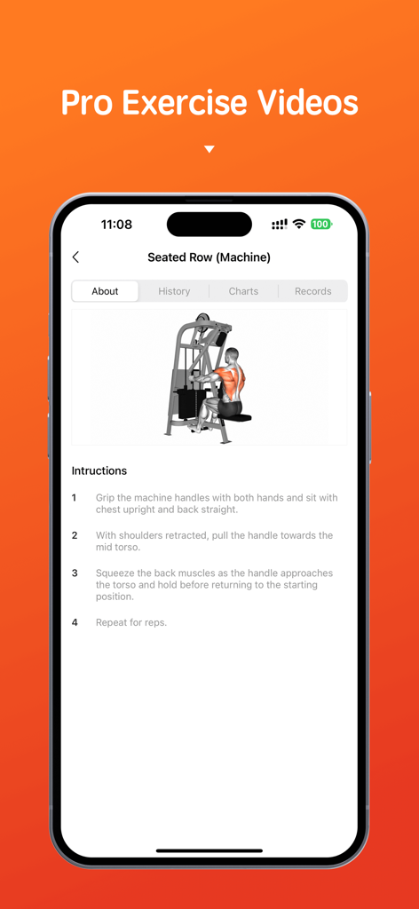 Gym Workout Tracker . - Guía de instrucciones para el ejercicio de remo sentado con músculos resaltados en la pantalla de una aplicación móvil.