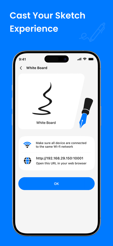 iPhone screen displaying the whiteboard feature for casting sketches and drawings to a smart TV or web browser