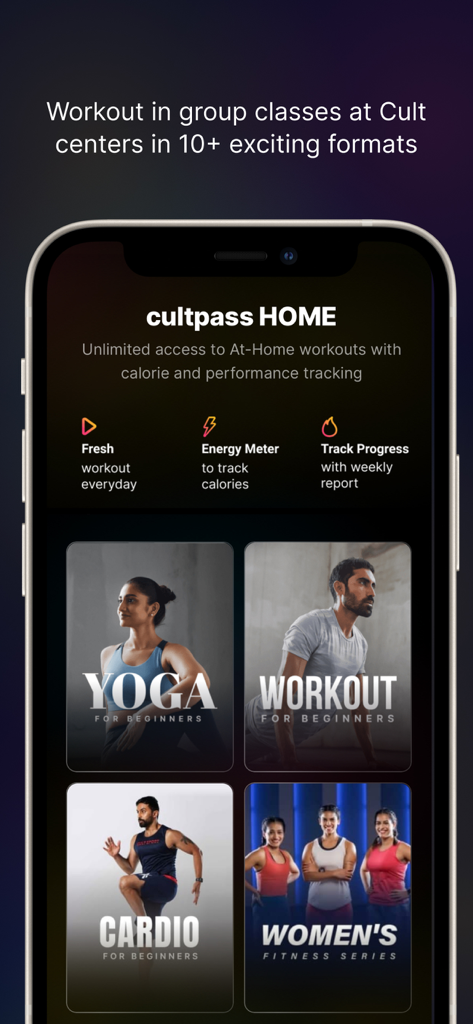 Interface of the cultfit app showing cultpass HOME features and beginner workout categories for yoga cardio and strength training