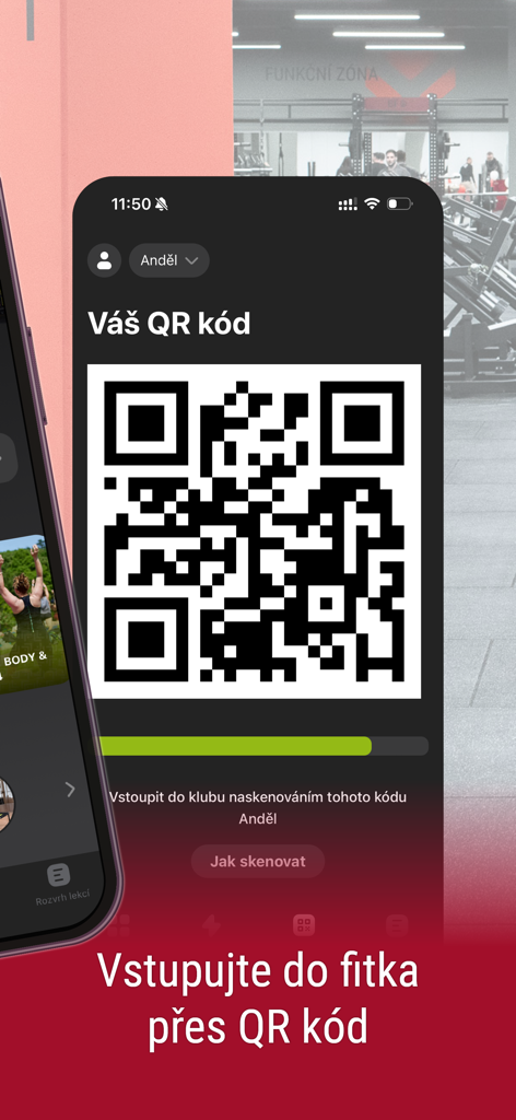 A mobile phone screen showing a QR code used for digital gym entry within the Moje Form Factory app.