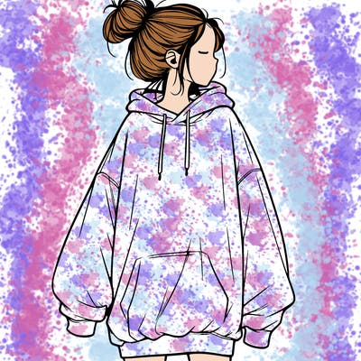 realistic girl with a oversized sweatshirt on and a bun