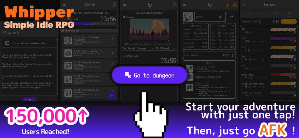 Whipper - Idle RPG - Gameplay montage of Whipper Idle RPG showing equipment stats and the go to dungeon button