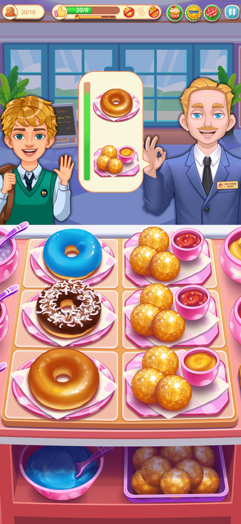 A cartoon-style cooking game scene showing a customer ordering donuts and fried dough balls at a restaurant counter.