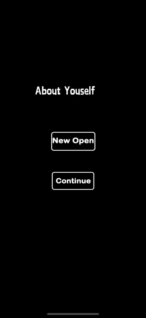 검은색 배경에 새로 시작 및 계속 버튼이 있는 About Yourself 성격 앱의 메인 메뉴.
