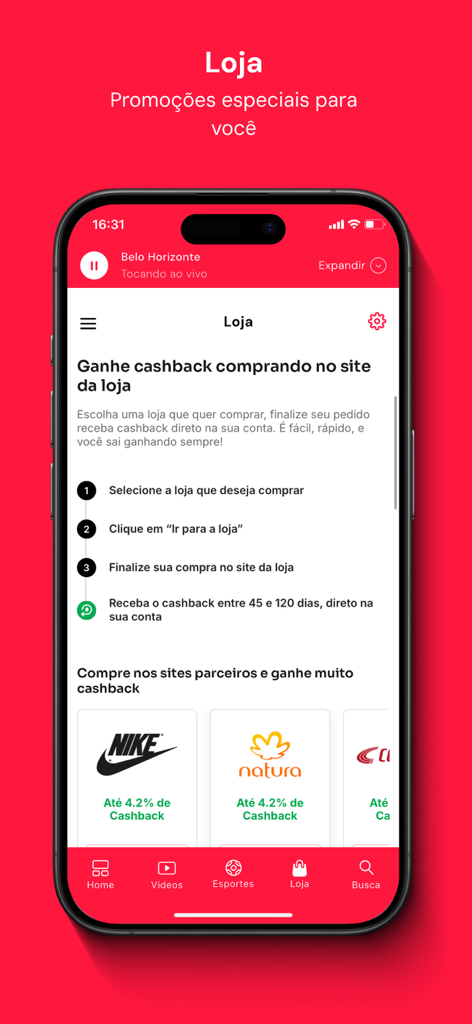 Rádio Itatiaia - Rádio Itatiaia app screen showing shopping deals and cashback offers for partner brands