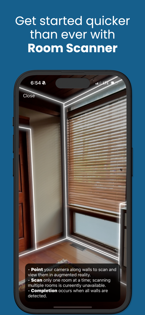 Interior Design PRO app interface demonstrating the augmented reality room scanner feature.