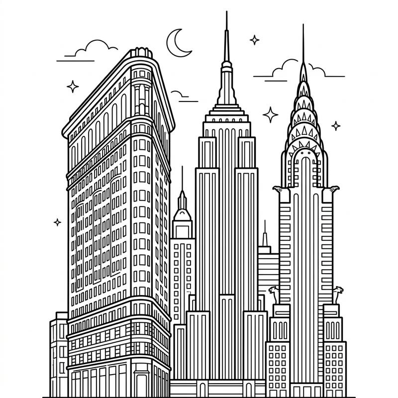 Take a journey through architectural history with this exciting coloring page featuring famous historic skyscrapers. Perfect for young artists, this design brings the marvels of city skylines to life.