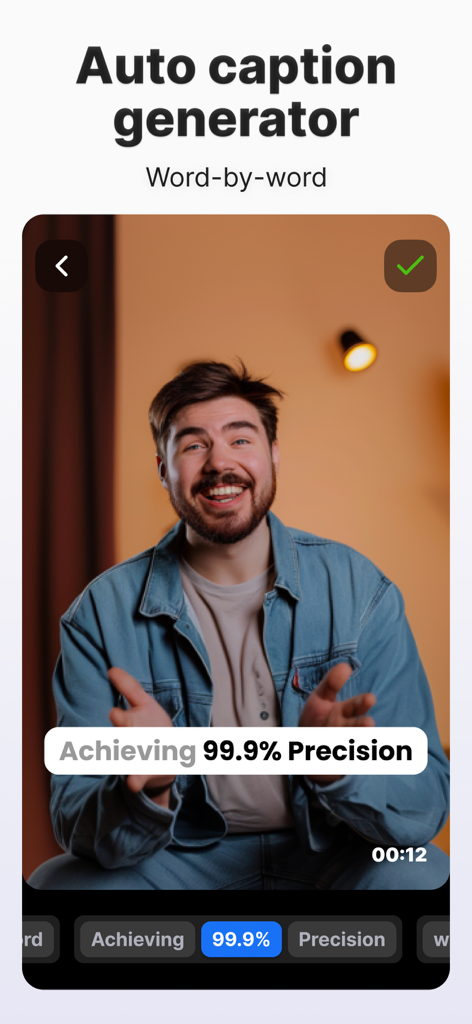 Capsula AI: Video Captions App - Mobile app interface of Capsula AI showing word-by-word automatic video captions generator.