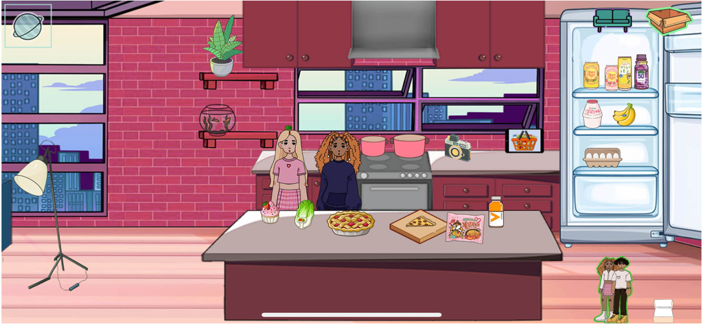 Moon World: Life & Style Sim - Dos personajes de pie en una cocina moderna con una nevera abierta y snacks en el mostrador.