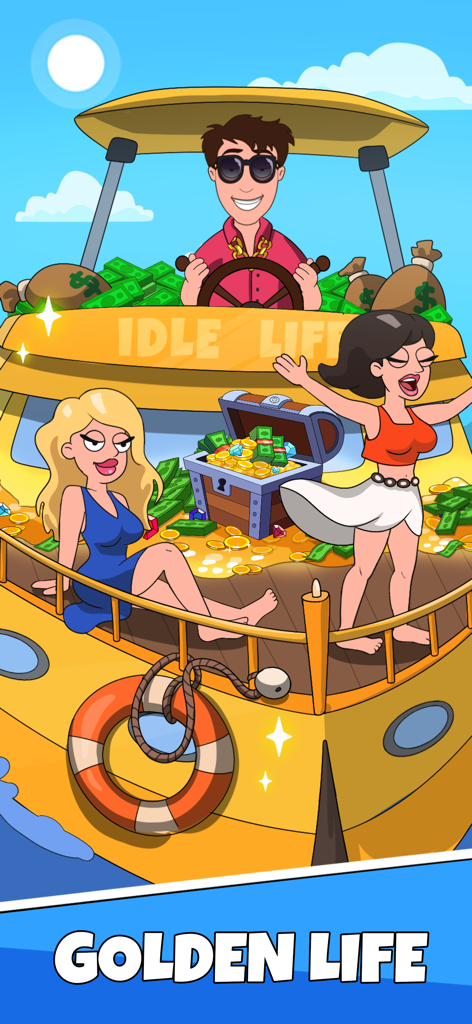 A cartoon billionaire character on a luxury yacht filled with money and treasure chests depicting a golden life
