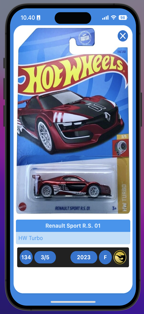Hot Wheels Treasure Hunt Info - Captura de tela do aplicativo mostrando detalhes do Renault Sport R.S. 01, incluindo sua série e ano de produção