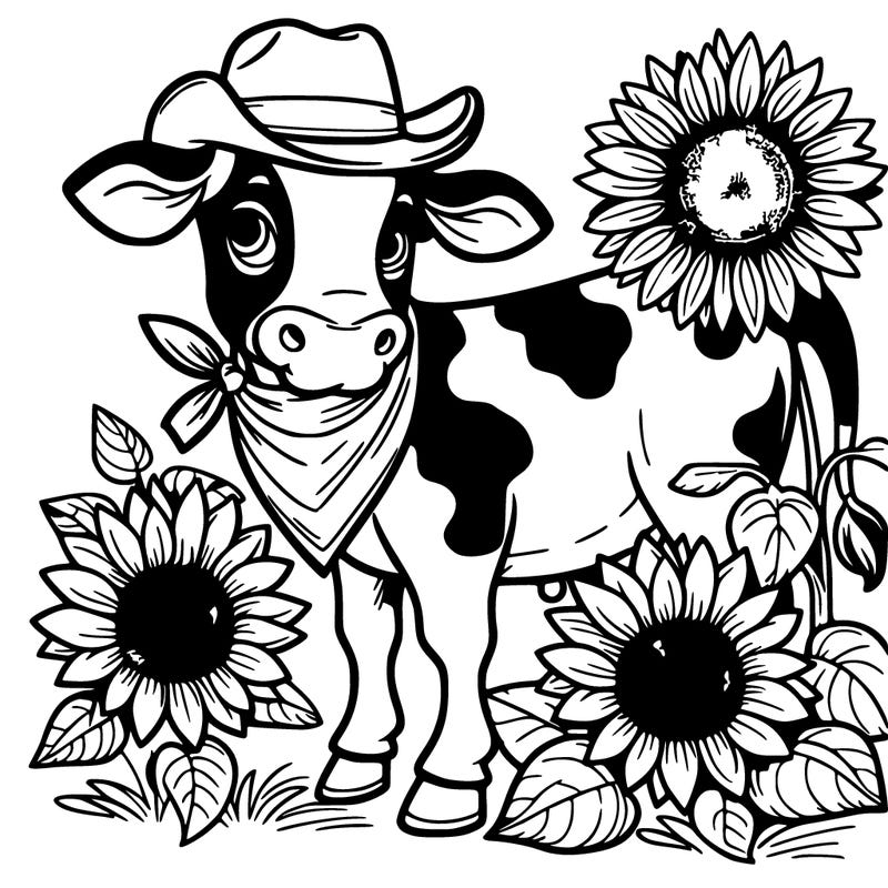 western cow and sunflowers