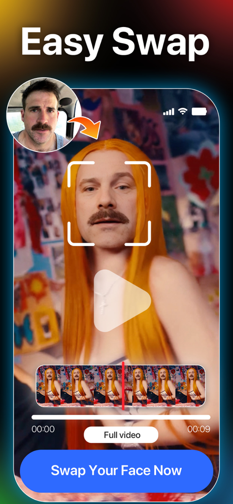 FaceAi: Face Swap Any Video - Interfaz de la aplicación FaceAi que muestra el rostro de un hombre intercambiado por el de una persona con cabello largo y naranja en un editor de video.