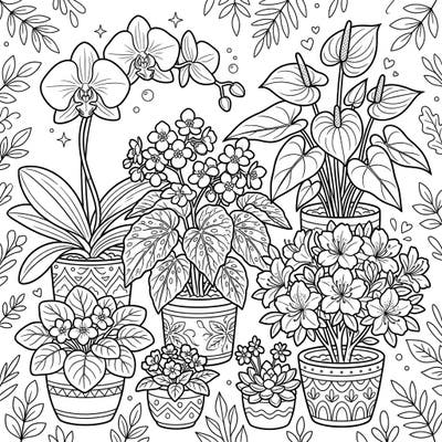 Immerse yourself in the beauty of an indoor garden with this delightful coloring page featuring a collection of flowering houseplants. Perfect for plant lovers and coloring enthusiasts seeking a calming and creative activity.