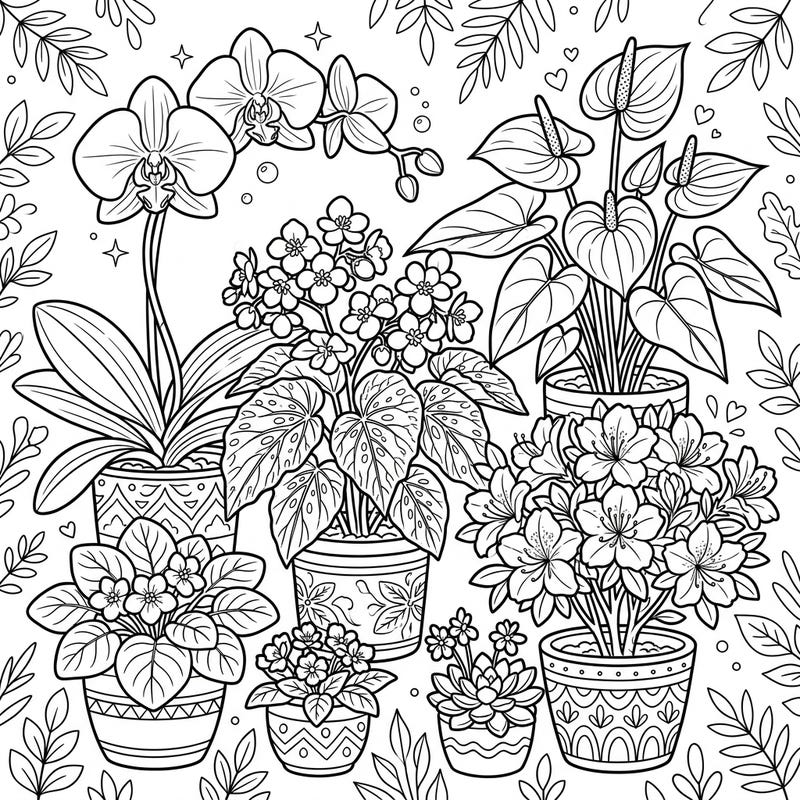 Immerse yourself in the beauty of an indoor garden with this delightful coloring page featuring a collection of flowering houseplants. Perfect for plant lovers and coloring enthusiasts seeking a calming and creative activity.