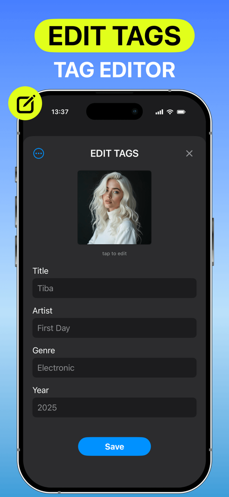 Anywhere - Music Player - Interfaz del editor de etiquetas en la aplicación Anywhere Music Player para editar metadatos de canciones.