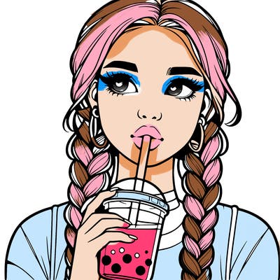 realistic girl with braided hair drinking boba