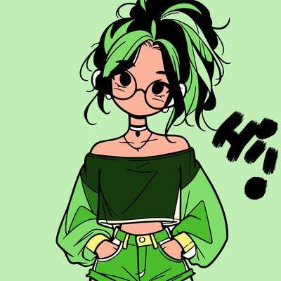 girl with a messy ponytail glasses a baggy crop top and jean shorts