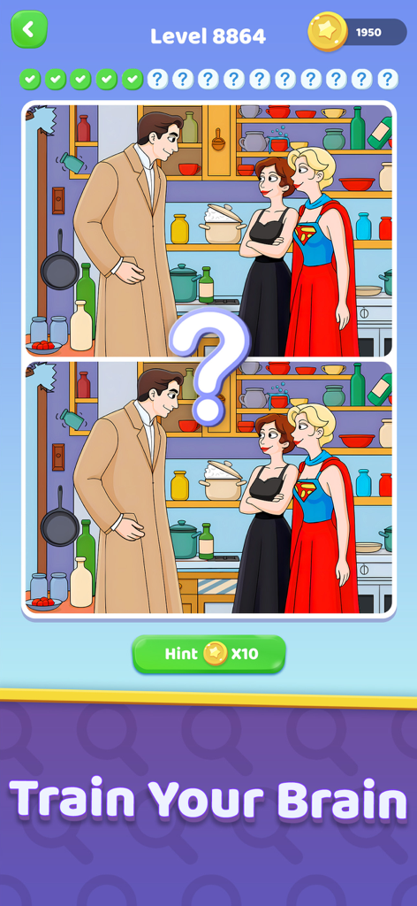 Pantalla del juego de rompecabezas "Encuentra las Diferencias" mostrando una escena de cocina de dibujos animados con personajes y progreso del nivel.