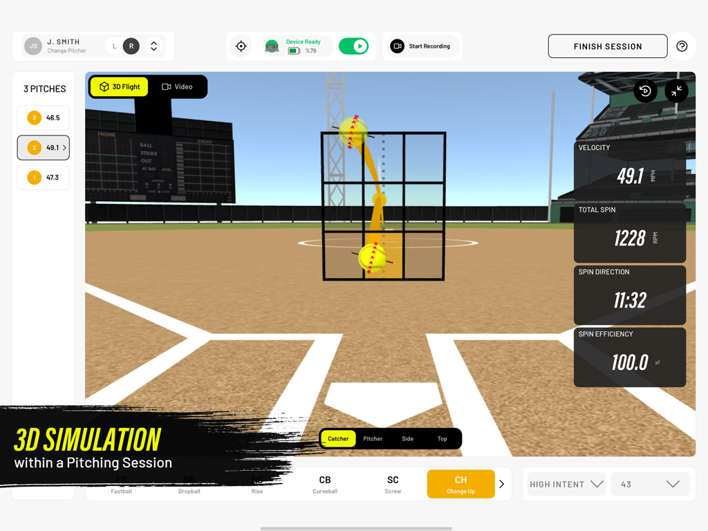 Rapsodo Softball - Rapsodo Softball app on iPad displaying a 3D ball flight simulation and real-time pitching data including velocity and spin