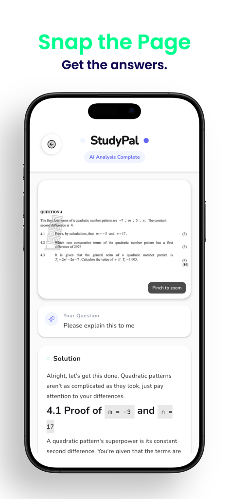 Grade 10,11,12 Mathematics App - Pantalla de teléfono inteligente que muestra un escáner de problemas de matemáticas y una solución paso a paso.