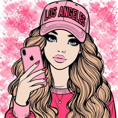 realistic beautiful girl wearing los ángeles cap holding an iphone