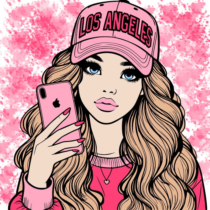 realistic beautiful girl wearing los ángeles cap holding an iphone